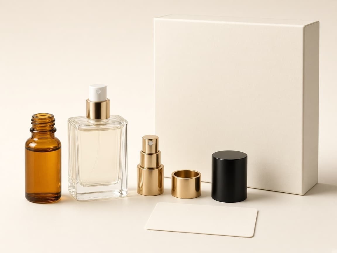 Fragrance concentrate with bottle, pump, cap, label and box as one coordinated project