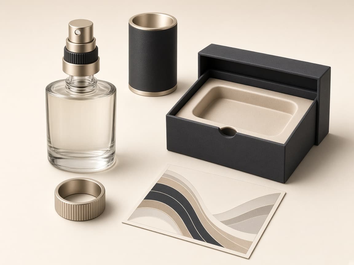 Coordinated complete packaging set with bottle, pump, cap, label and box