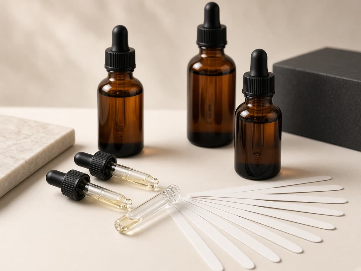 Amber fragrance concentrate bottles with evaluation blotters in a professional sampling setting