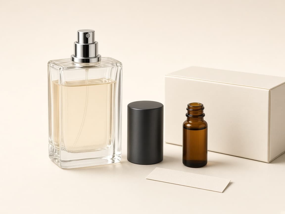 Studio composition of perfume bottle, premium cap, spray pump, amber fragrance concentrate, label and rigid box on an ivory background
