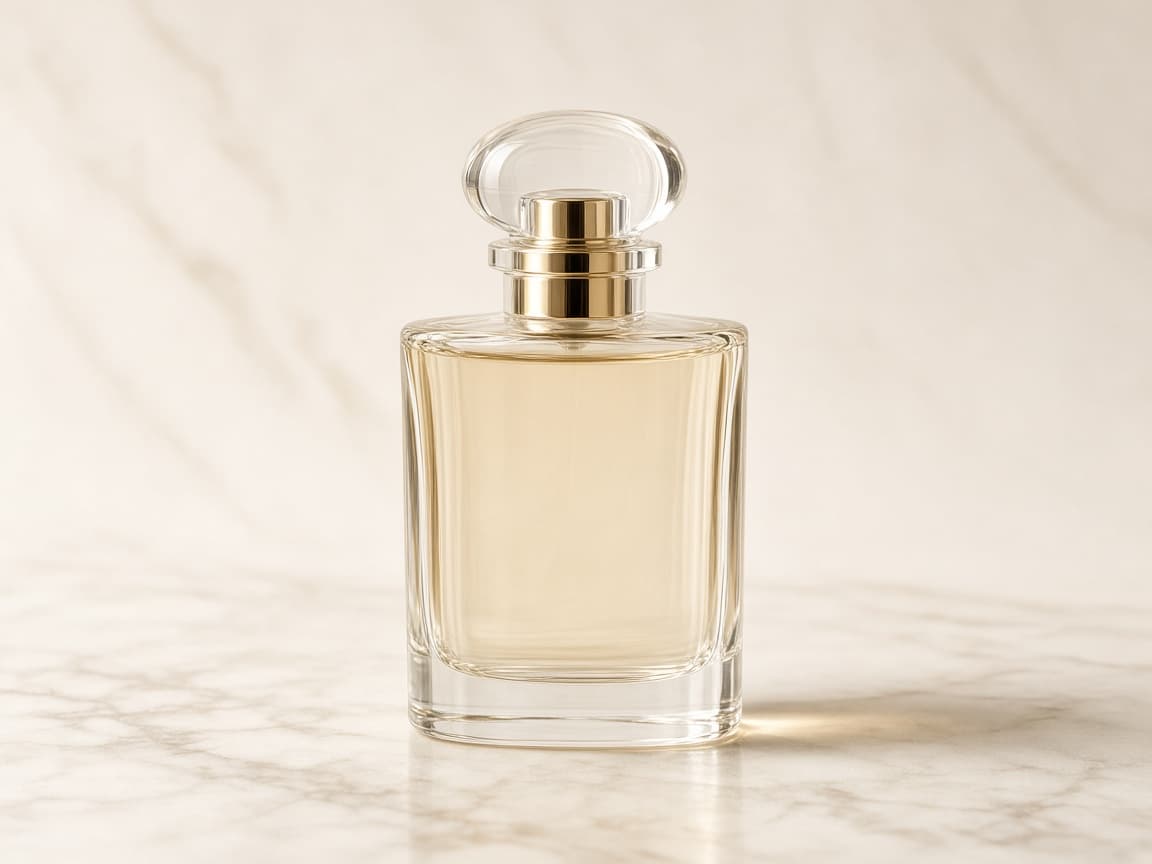 Fine fragrance perfume bottle on a studio surface