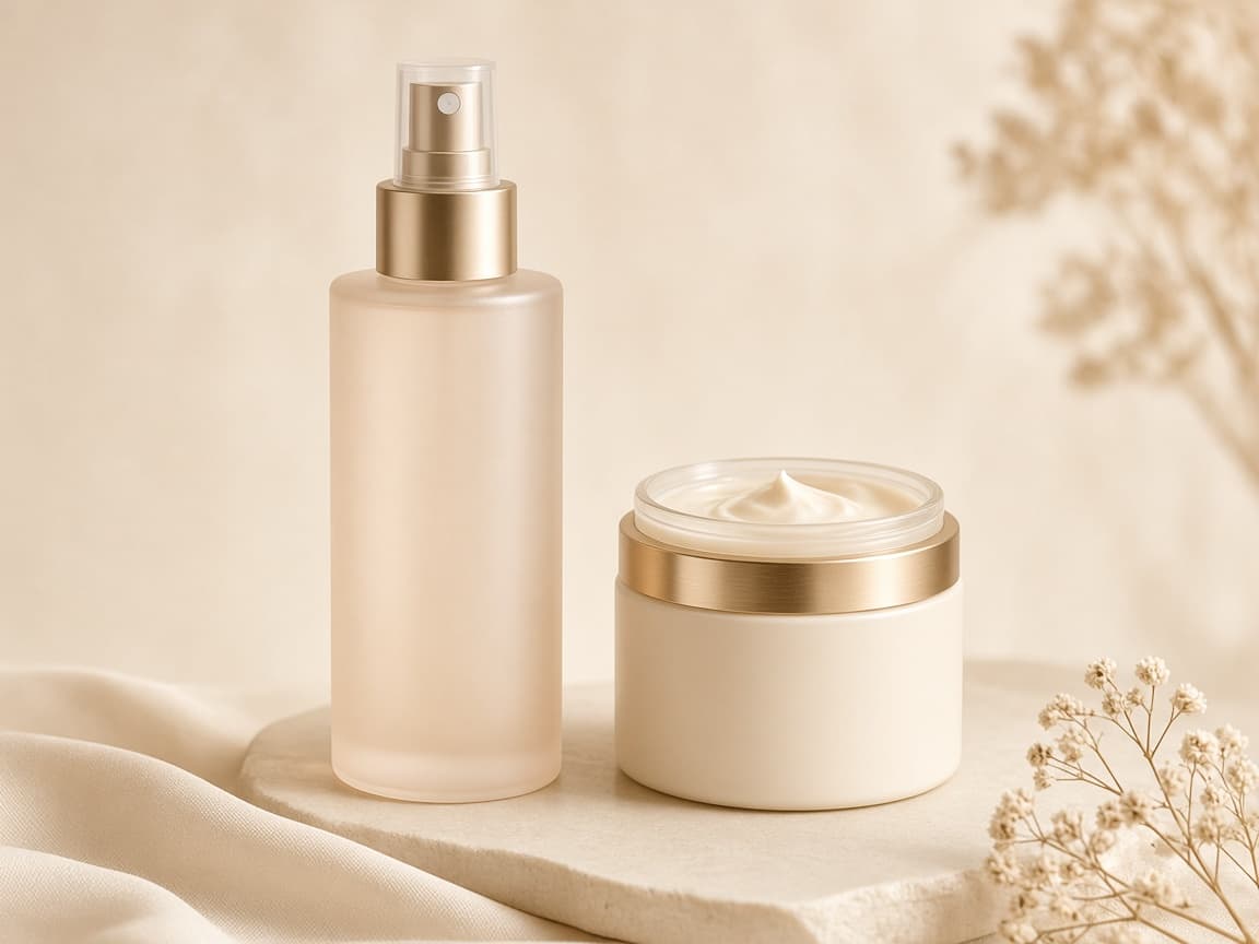 Personal care fragrance packaging on a studio surface