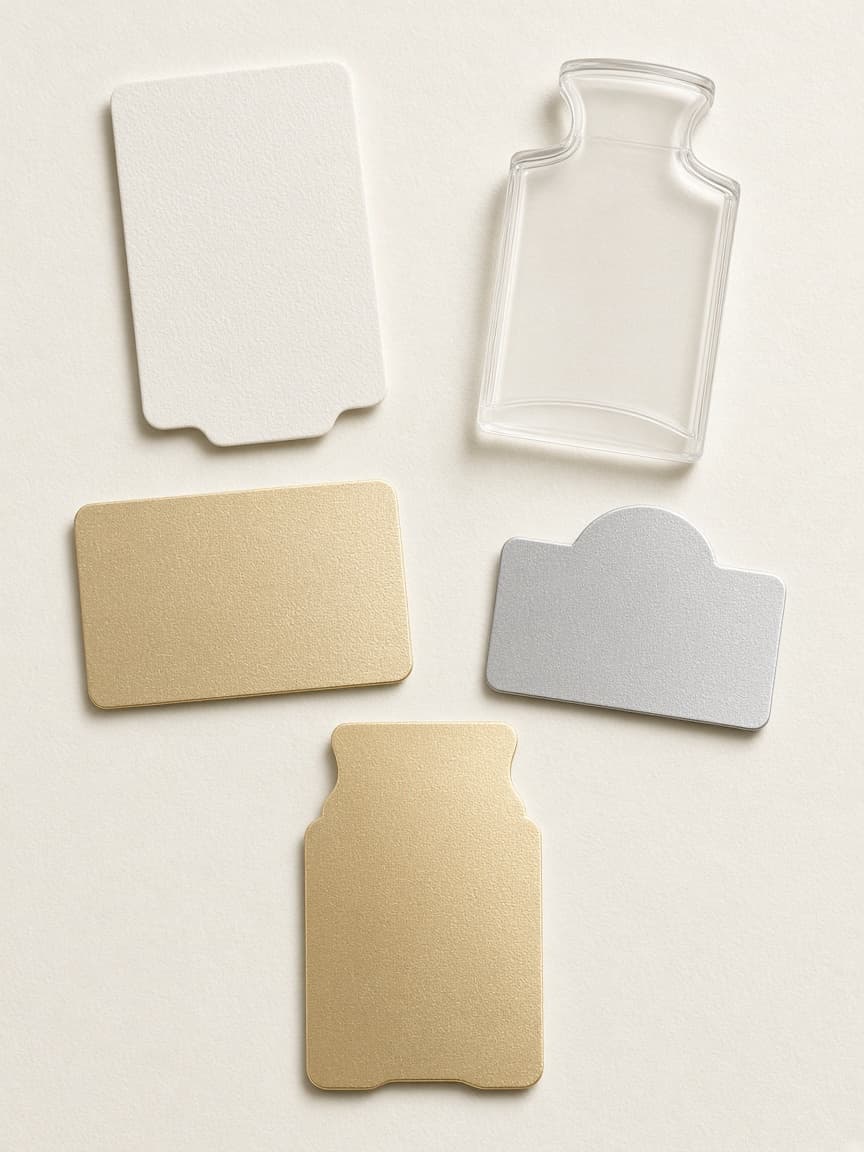 Label and sticker material samples for fragrance packaging