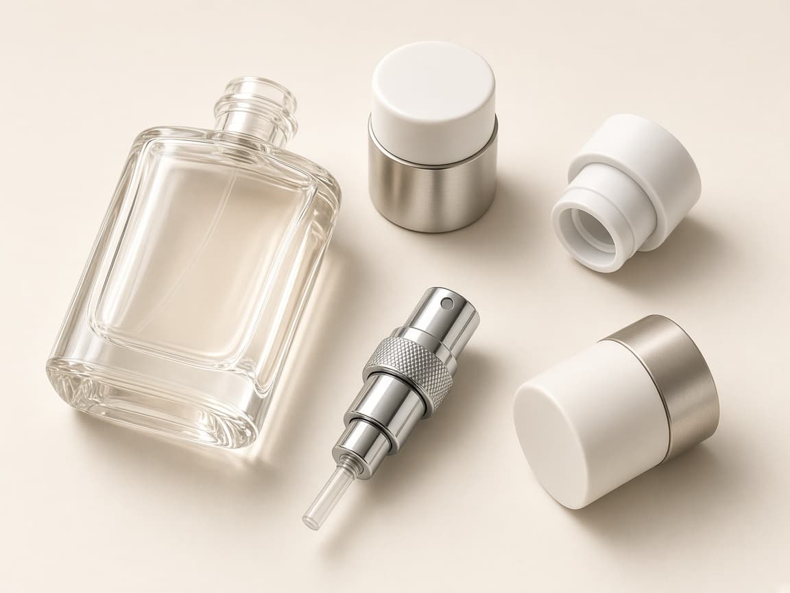 Perfume bottle with caps and spray pump components on an ivory studio surface