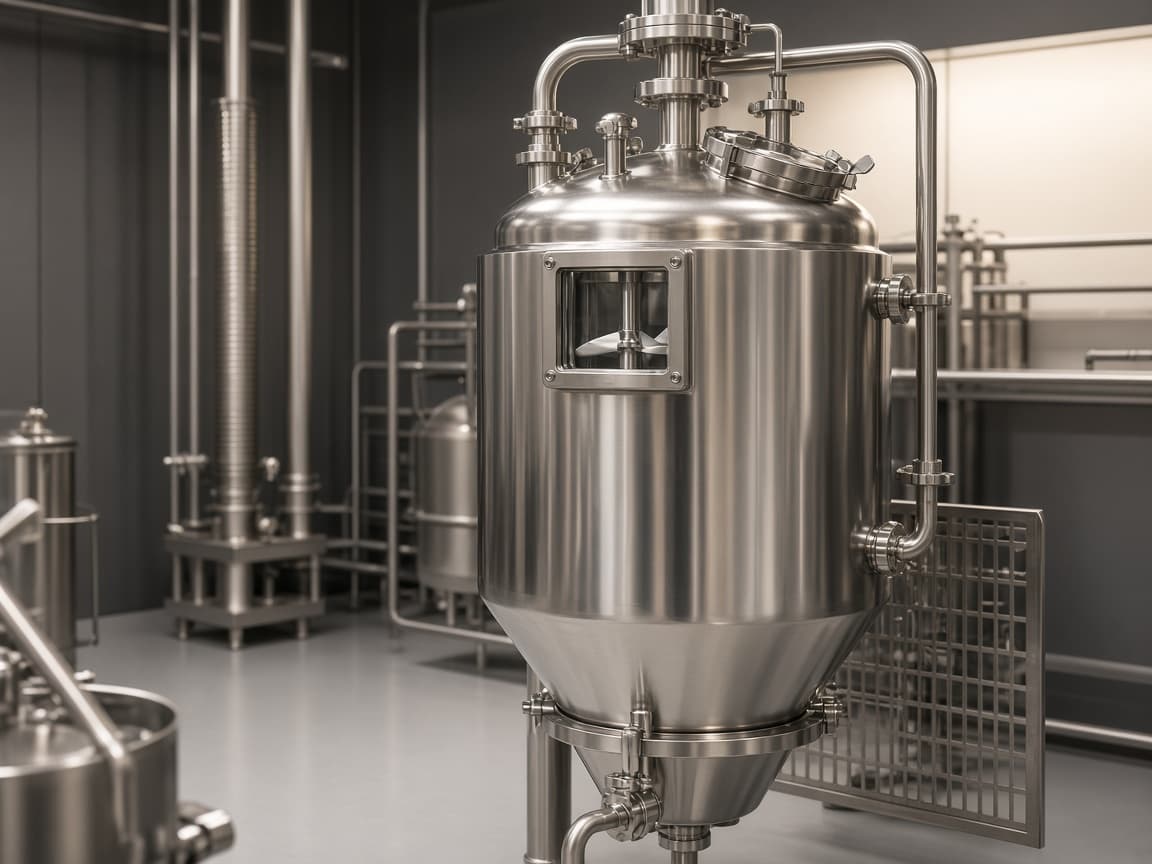 Illustrative stainless-steel fragrance processing environment — not a verified ADEPT facility photograph